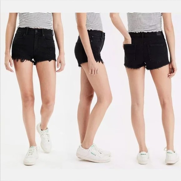 American Eagle Hi-Rise Shortie Size 8 US Black Jean Shorts Super Super Stretch X - Picture 6 of 14